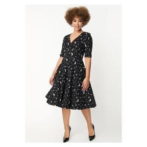 Unique Vintage Black&Silver Delores Galaxy Print 50’s Swing Dress Sz.M/6-8